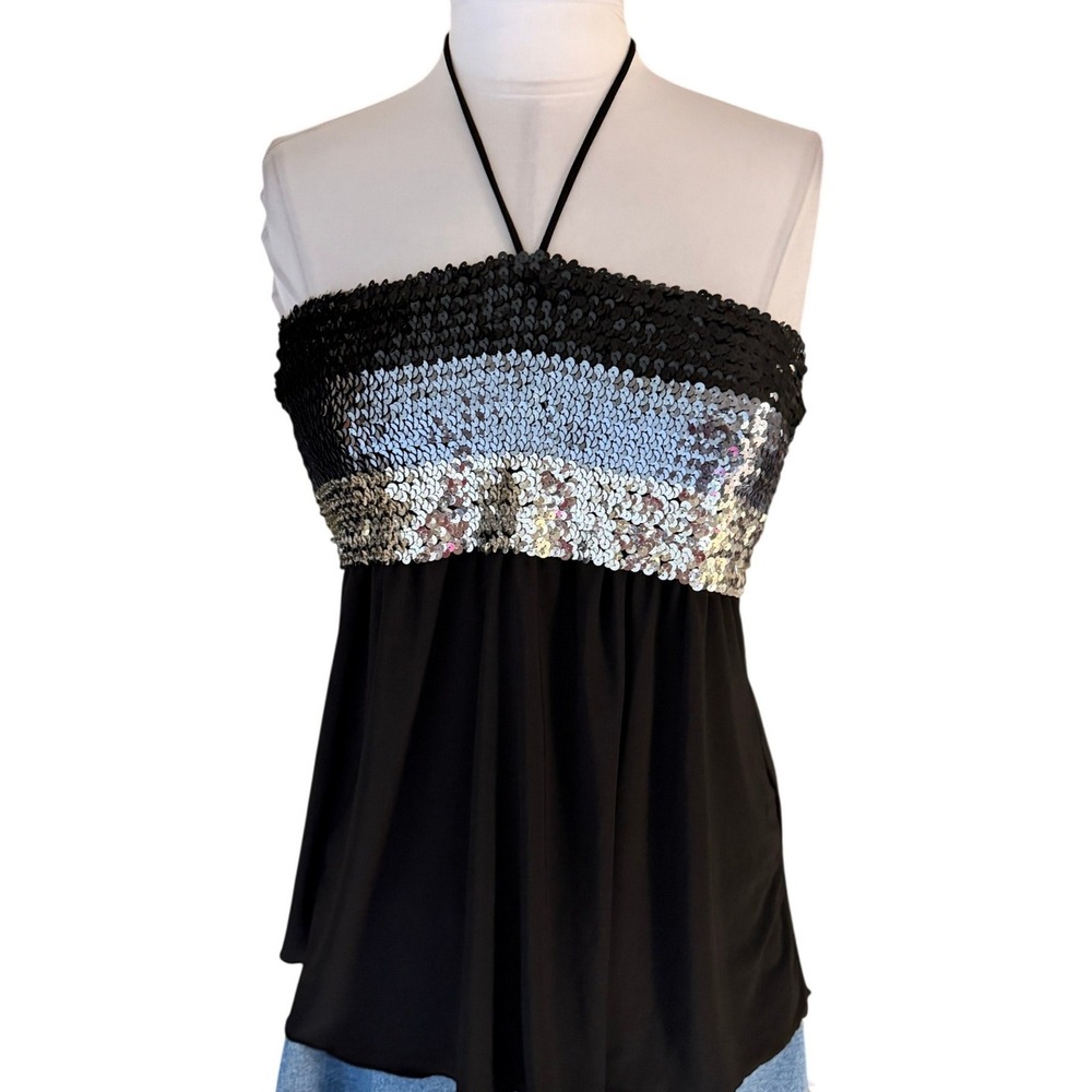 Vintage MKM Designs Y2K Halter Top Large Black Sequin Bodice 2000s Paper Tag